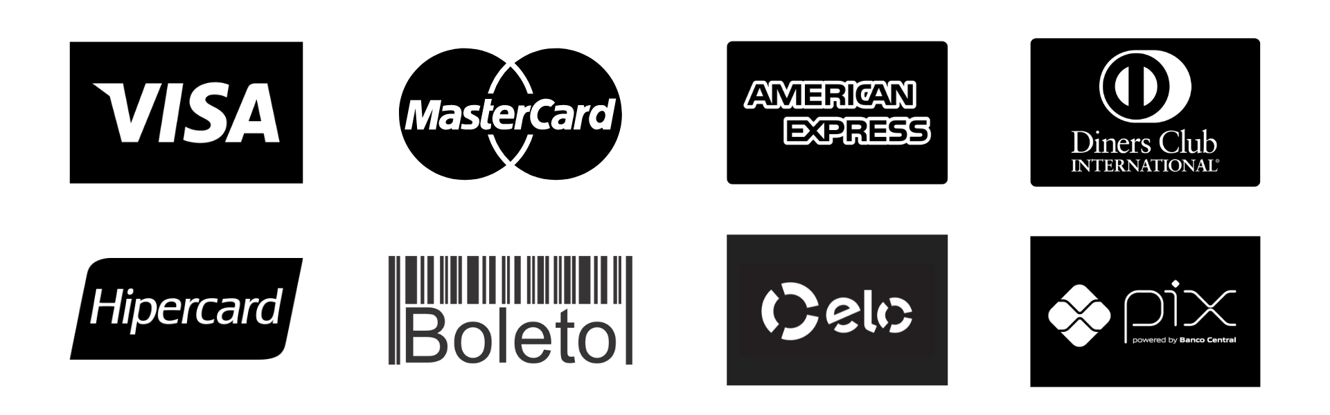 Formas de pagamento aceitas: Visa, Mastercard, American Express, Diners Club, Hipercard, Boleto, Elo e Pix