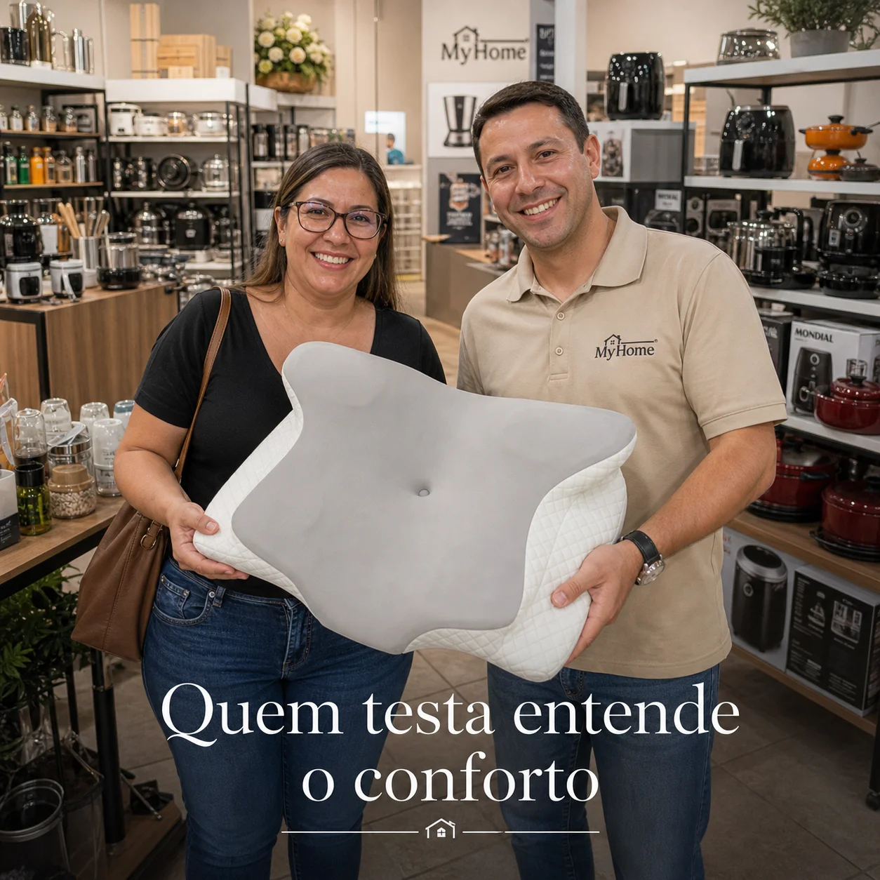 Cliente e atendente da loja MyHome segurando o travesseiro RelaxMax — quem testa entende o conforto