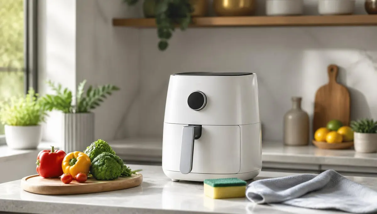 Air fryer sobre bancada de cozinha com pano e esponja de limpeza