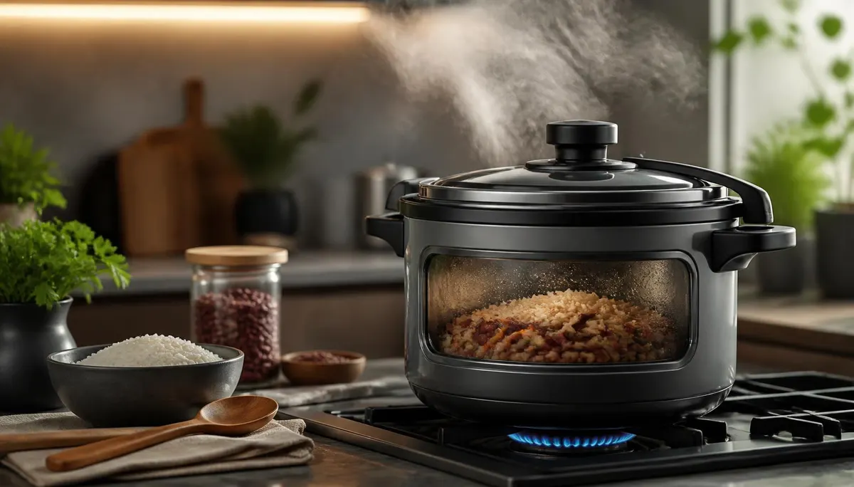 Panela de pressão com visor de vidro cozinhando no fogão
